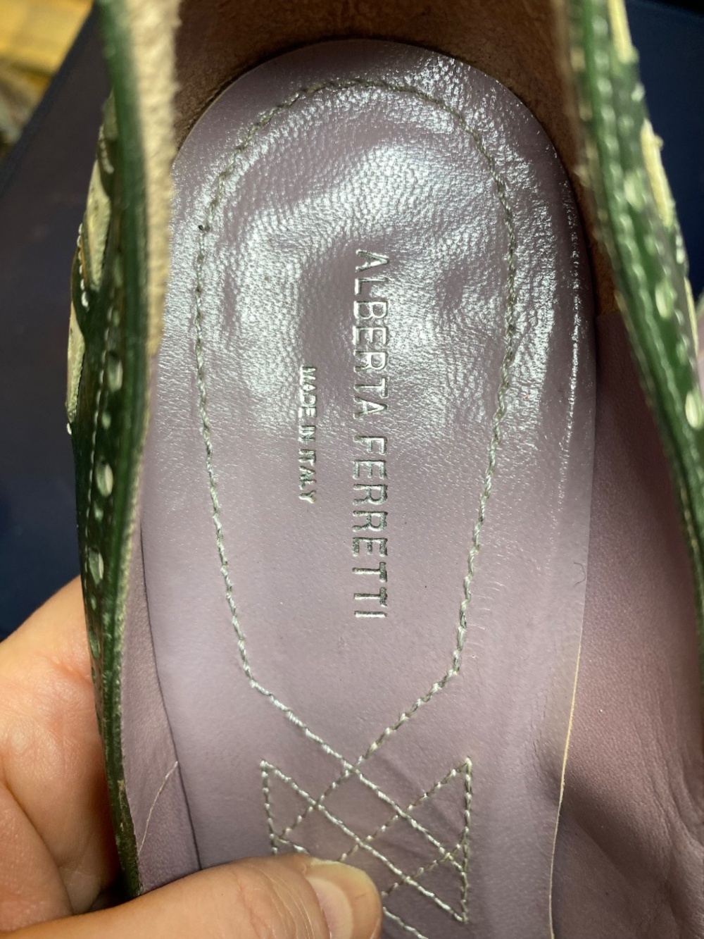 Vintage Alberta Ferretti Green Cream Leather Brogue Wingtip Pumps Heels 37 7 - Picture 5 of 14